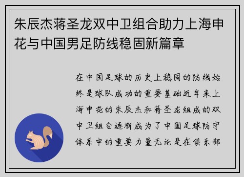朱辰杰蒋圣龙双中卫组合助力上海申花与中国男足防线稳固新篇章