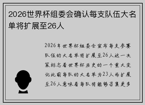 2026世界杯组委会确认每支队伍大名单将扩展至26人