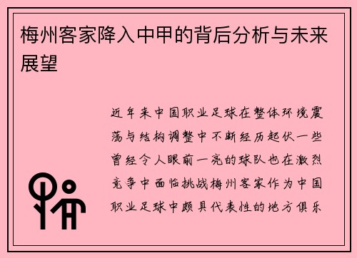 梅州客家降入中甲的背后分析与未来展望